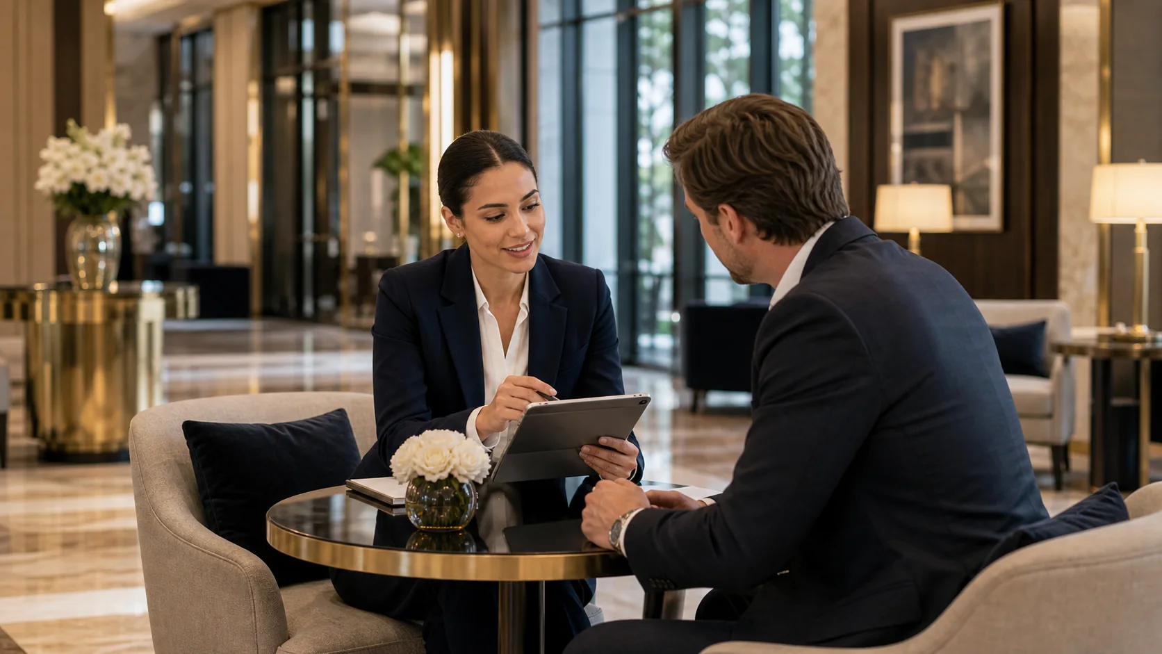 Hotel manager discussing a housekeeping service plan with an operations consultant