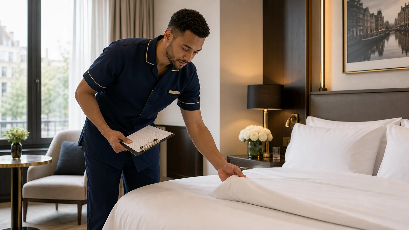 Hotel floor supervisor checking bed presentation
