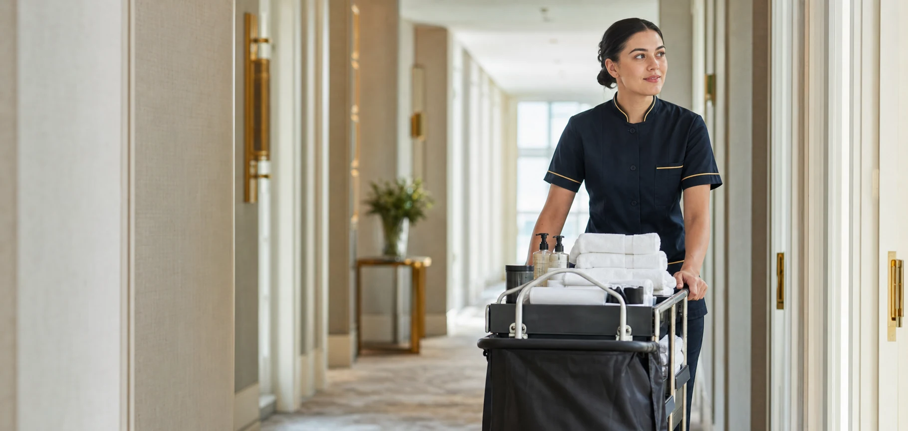 Hotel housekeeper preparing a service trolley