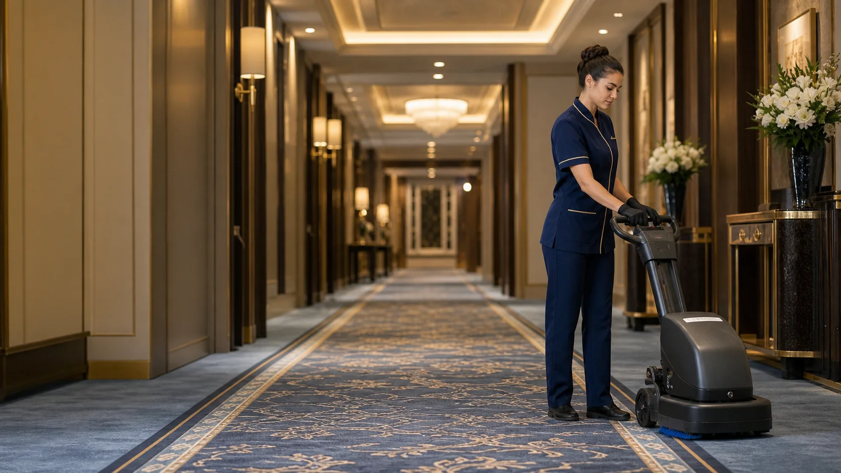 Professional cleaners maintaining hotel lobby