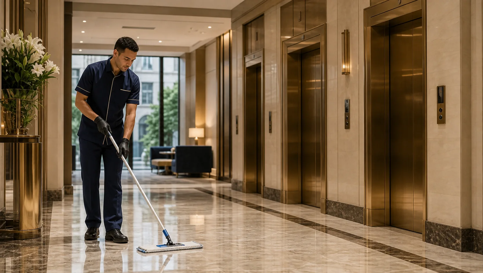 Hotel lobby cleaning team