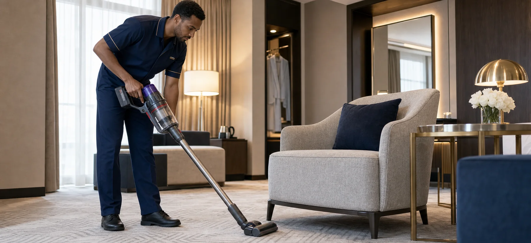 Hotel room attendant vacuuming a guest room