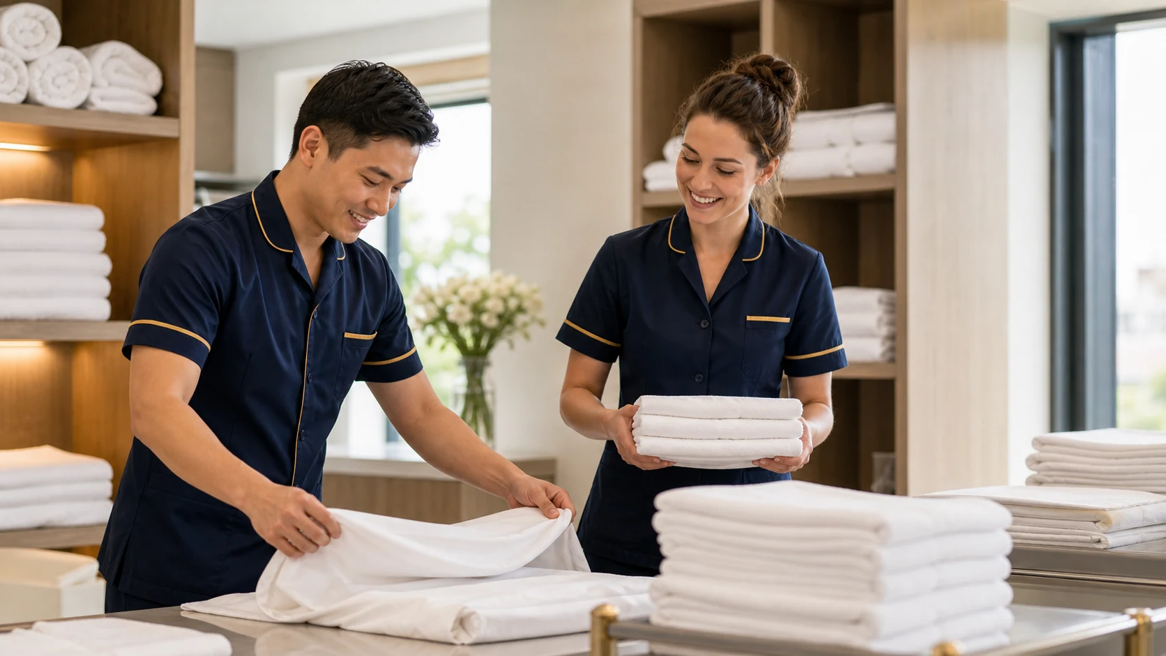 Hotel housekeeping colleagues organizing clean linen