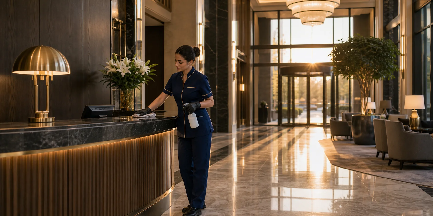 Discreet early morning hotel lobby cleaning
