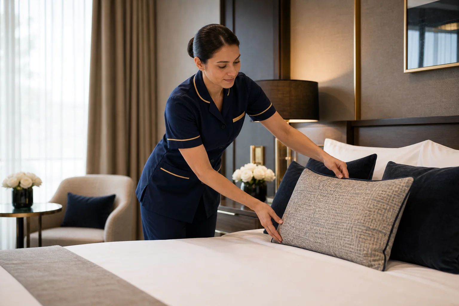 Housekeeper completing hotel bed presentation