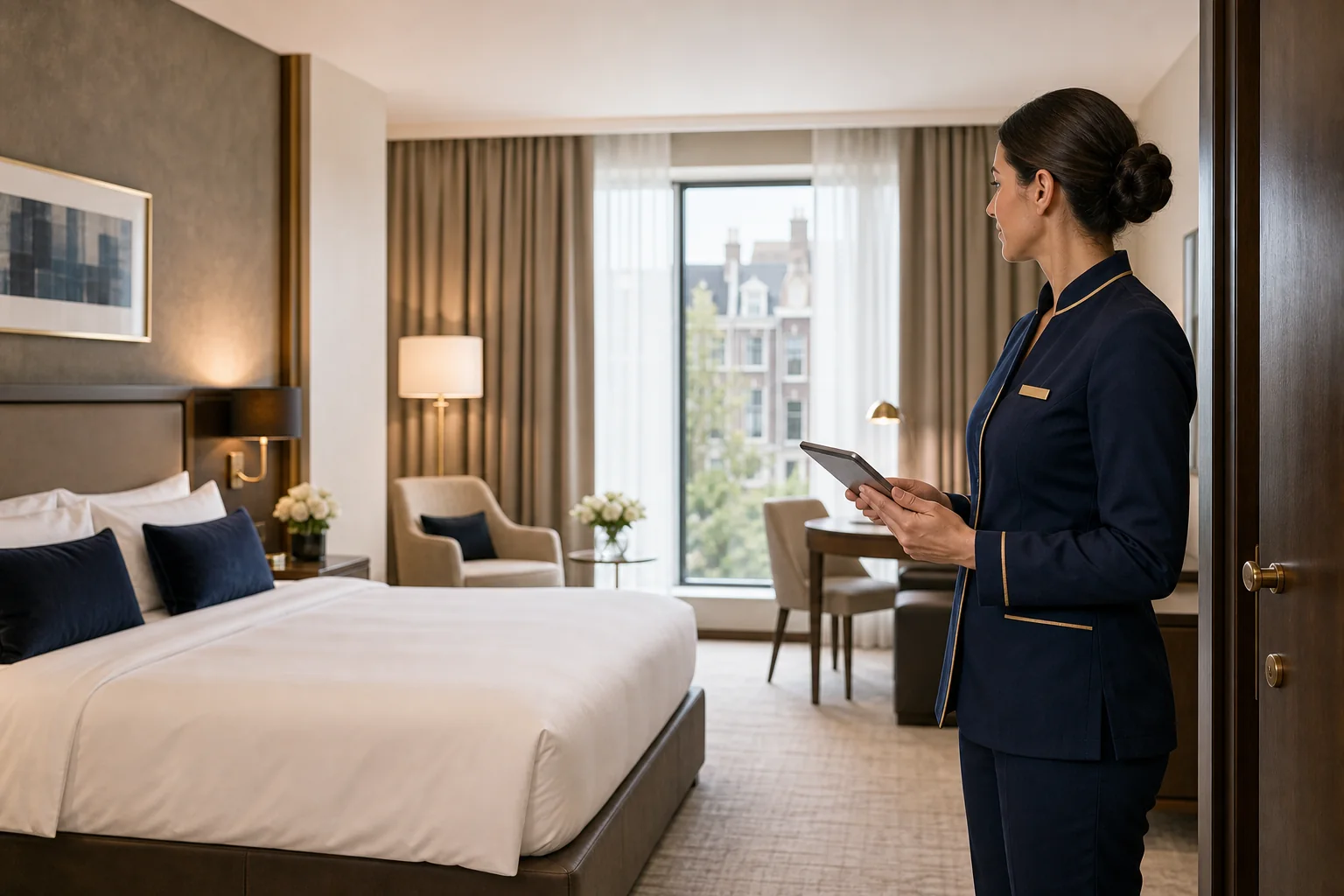 Supervisor completing final hotel room inspection