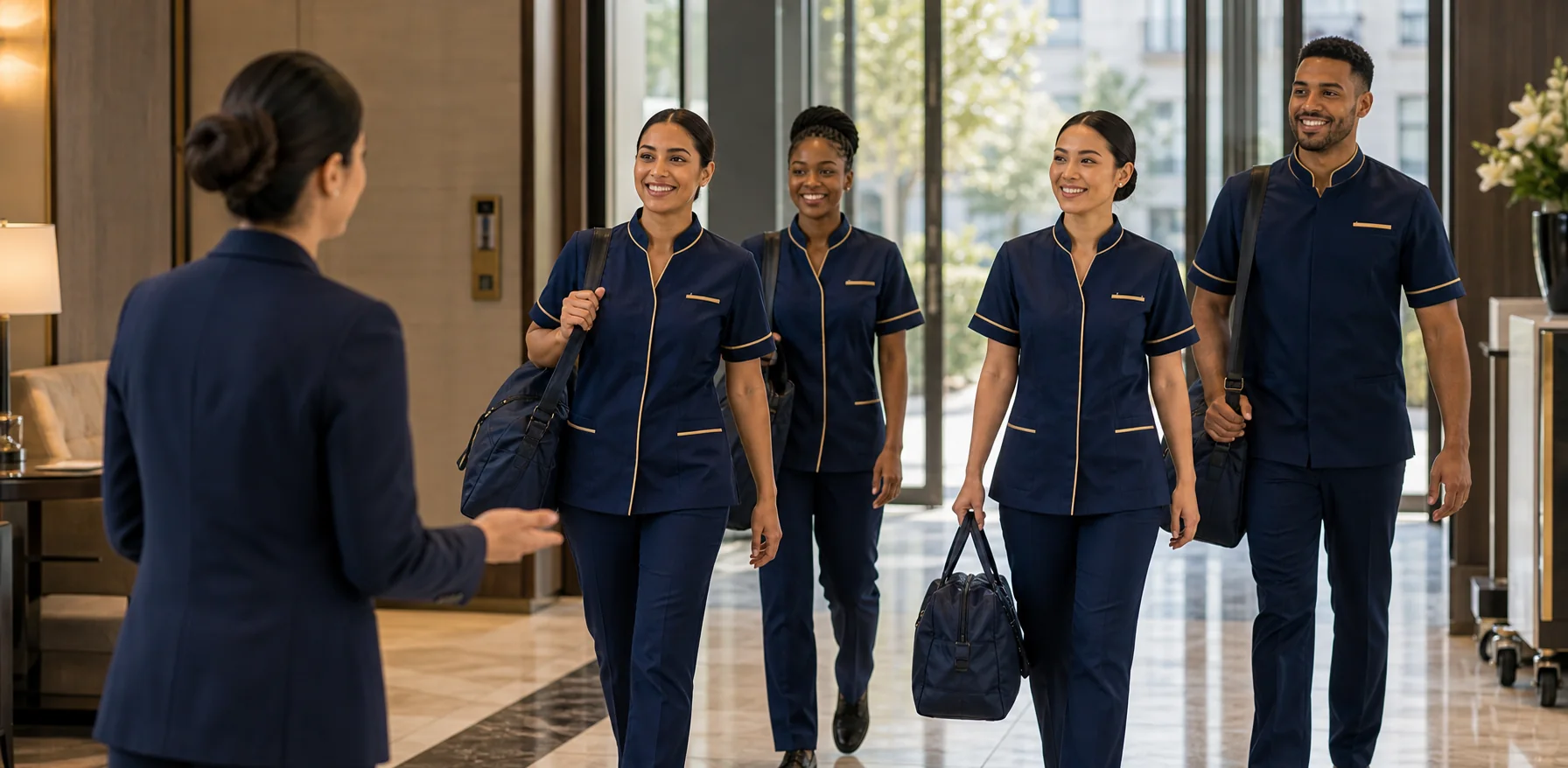 Professional housekeeping team arriving for a hotel shift